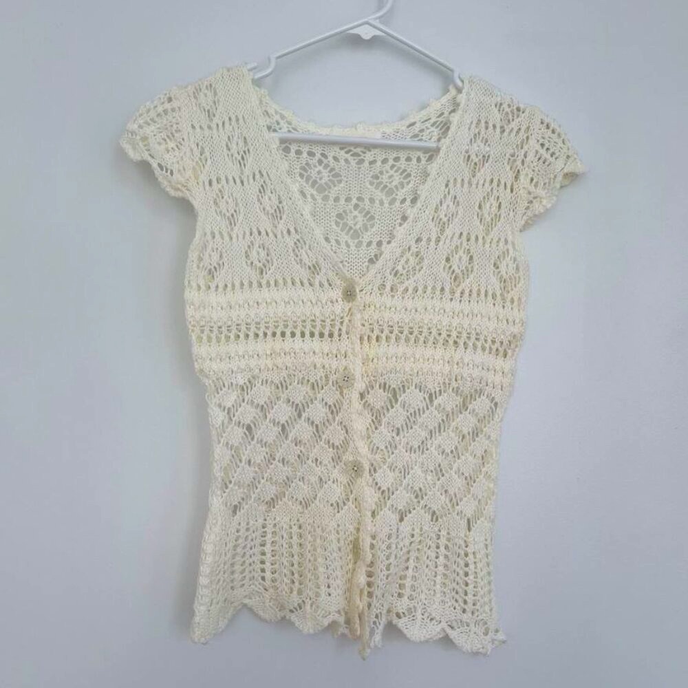 Vintage Cream Cotton Knit Short Sleeve Cardigan
